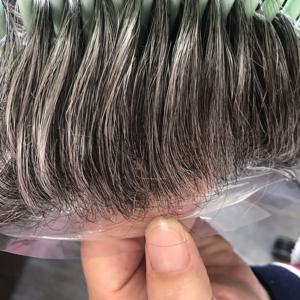 얇은 0.03mm 피부 남성 Toupee 자연 헤어 라인 남성 레미 헤어 피스 Vlooped 100% 인간의 머리카락 교체 시스템 회색 머리 모세관