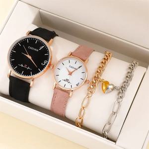 4pcs 세트 미니멀리스트 커플 쿼츠 시계 팬시 여성 시계 주얼리 정교하고 세련된 여성 손목 시계