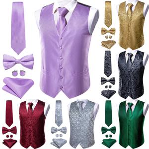 남자를위한 우아한 5pcs 조끼 봄 실크 블랙 실버 레드 그린 골드 보라색 양복 조끼 넥타이 Bowtie 세트 남자 정장 재킷 Barry Wang