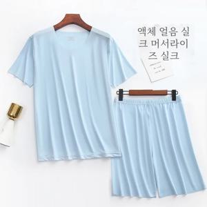 아이스 실크 잠옷 세트 남성용 가벼운 5부 바지 라운드 넥 아이스 실크 냉장고 실크 남성용 남자 잠옷 세트 잠옷