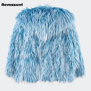 Nerazzurri 여성용 긴 소매 후드 인조 모피 코트, 블루, 털, 두껍고 따뜻한, 루즈 캐주얼, 푹신한 재킷, 가을, 겨울, 2023