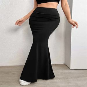 솔리드 Bodycon Ruched 롱 스커트 여성 섹시한 블랙 탄성 우아한 하이 웨이스트 인어 맥시 스커트 여름 streetwear