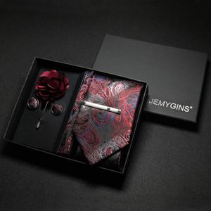와인 레드 남자 넥타이 페이즐리 실크 넥타이 포켓 스퀘어 커프스 단추 럭셔리 선물 상자 세트 웨딩 Gravat 액세서리 남성용 넥타이