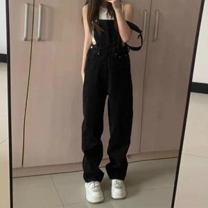 2023 여름 블랙 점프 슈트 여성 느슨한 Dungarees 오버올 넓은 다리 여성 긴 Jumpsuit 여성용 여성용 작업복