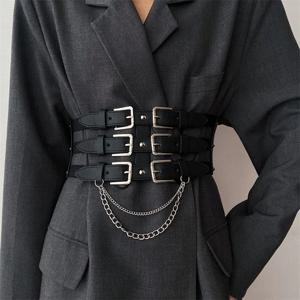 펑크 체인 Cummerbund 장식 코르셋 여성 Underbust 럭셔리 디자이너 빈티지 튜닉 가죽 숙녀 복장 허리 벨트 PJ541
