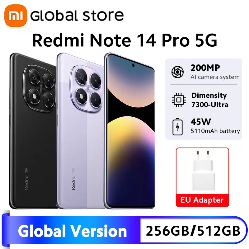 글로벌 버전 Redmi Note 14 Pro 5G 스마트폰, MediaTek Dimensity 7300-Ultra 200MP AI 카메라, 5110mAh 6.67 인치 AMOLED 45W 충전