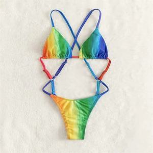레인보우 프린트 비키니 그라디언트 마이크로 모노 키니 수영복 크로스 스트링 백 레스 여성 휴가 수영복 원피스 비치 수영복