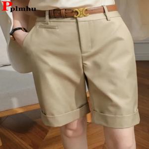여름 하이 웨스트 스트레이트 카고 반바지 여성 세련된 캐주얼 헐렁한 Pantalones Cortos 한국 패션 느슨한 클래식 솔리드 짧은 바지