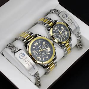 4Pcs 커플 시계 세트 연인을위한 남자 석영 스틸 시계 럭셔리 여성 손목 시계 Relogio Feminino 팔찌 Nesklace 선물