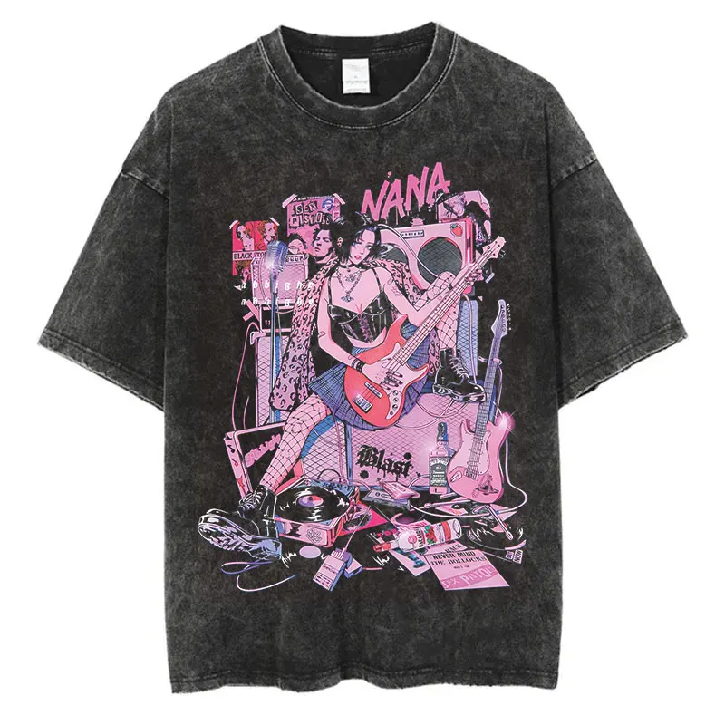 일본 애니메이션 나나 오사키 프린트 빈티지 워시 티셔츠 하라주쿠 streetwear 그래픽 티셔츠 여름 반소매 코튼 티셔츠