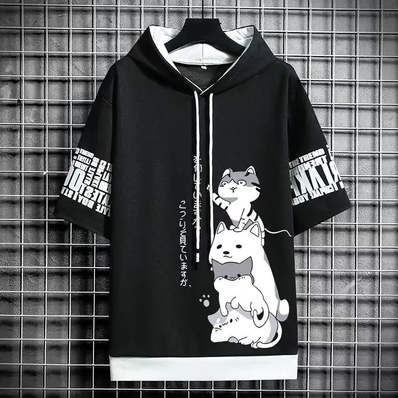 여름 T 셔츠 남성 후드 남성 의류 캐주얼 하라주쿠 streetwear 프린트 후드 탑 반소매 스웨트 남성
