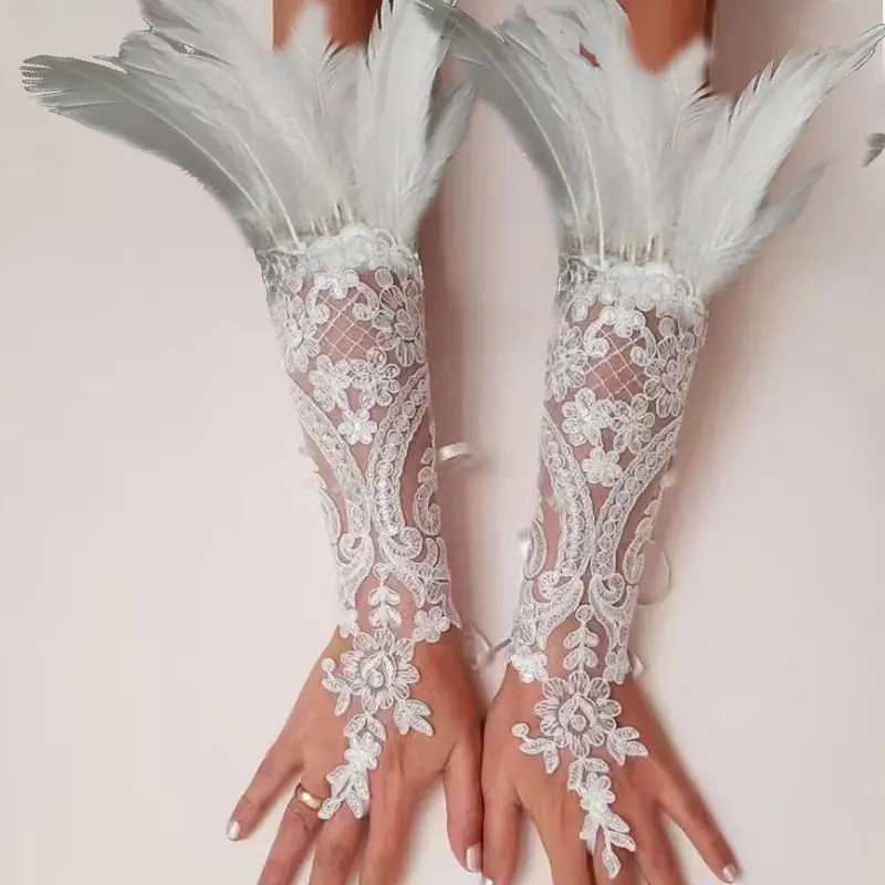 1PC 레이스 깃털 긴 장갑 슬리브 커프스 파티 코스프레 고딕 메쉬 슬리브 할로윈 파티 후크 자수 화이트 블랙 Mittins