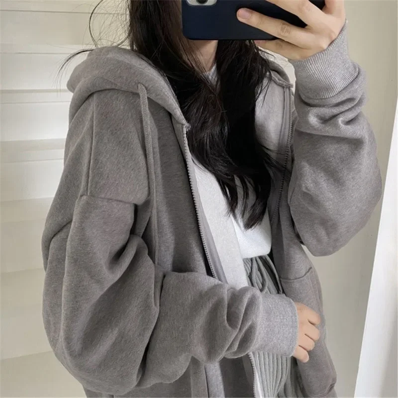Lucyever 그레이 지퍼 업 까마귀 코트 여성 streetwear 하라주쿠 오버 사이즈 후드 자켓 여성 가을 ​​레트로 솔리드 컬러 스웨트