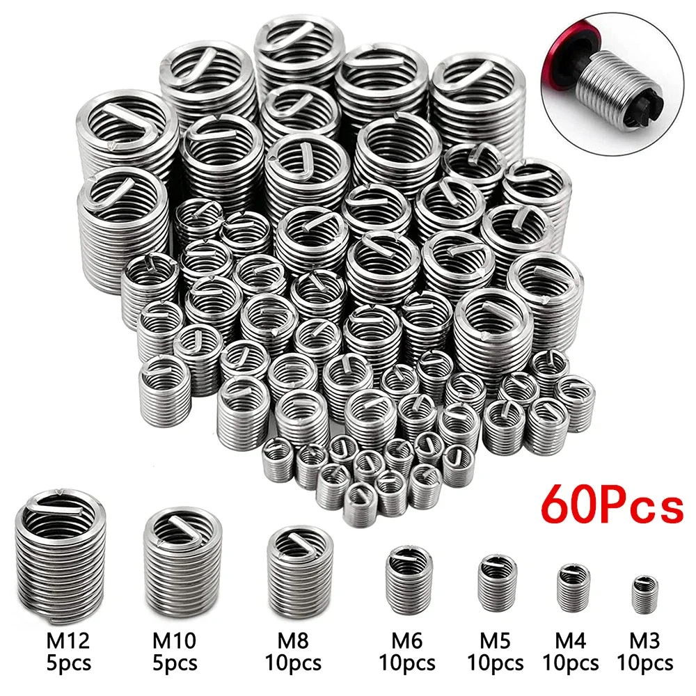 60Pcs 와이어 스레드 삽입 M3 M4 M5 M6 M8 M10 M12 고정 스레드 삽입 스테인레스 스틸 나선형 와이어 나사 슬리브 마모 수리 키트
