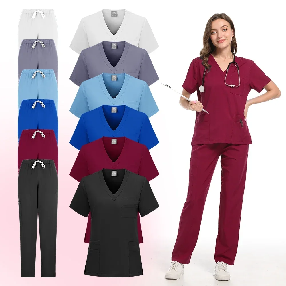 새로운 간호사 유니폼 Elatic Solid Tops 바지 여자 남자 스크럽 바지 치과 수의사 병원 애완 동물 클리닉 의료 유니폼 스크럽 세트