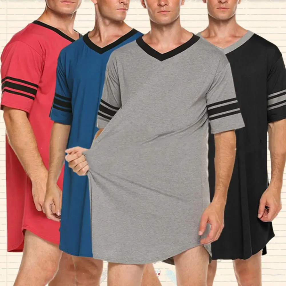 남성 Loungewear 대비 색 남성 여름 긴 티셔츠 줄무늬 인쇄 잠자는 옷 남성 목욕 가운 수면 복장 Homewear 가운