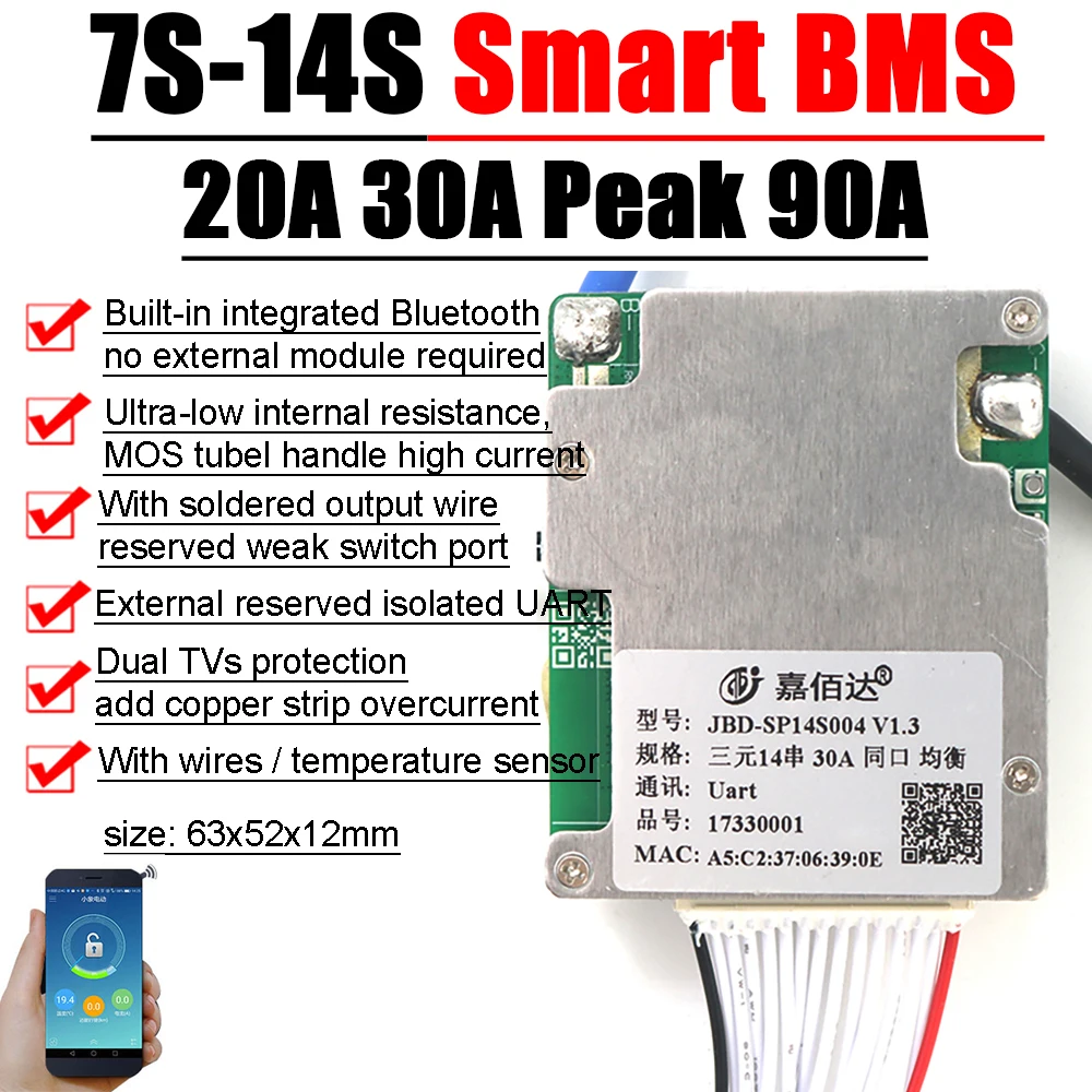 JBD Bluetooth 7S ~ 14S 13S 리튬 배터리 보호 보드 스마트 BMS 밸런스 24V 36V 48V 52V 리튬 이온 Lipo 8S 12S LifePo4 30A