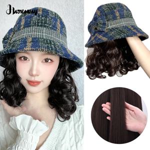 인조 가발 모자, 체크 무늬 어부 모자, 짧은 곱슬 머리, 서양 패션, 가을 및 겨울 따뜻한 대야 모자 커버, 흰 머리 가발
