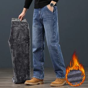 겨울 양털 남성 청바지 클래식 느슨한 스트레이트 따뜻한 두꺼운 바지 비즈니스 캐주얼 벨벳 탄성 데님 바지 플러스 사이즈 42 44