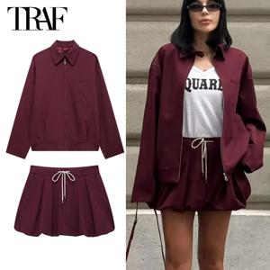 TRAF 2024 여성용 풍선 스커트 세트 2 조각 미니 스커트 여성 정장 2 조각 세트 긴 소매 지퍼 자켓 여성 복장