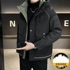 남성용 따뜻한 야외 후드 덕 다운 재킷, 2024 겨울 단색 겉옷, 느슨한 방풍 두꺼운 퍼퍼 코트, 상의 의류