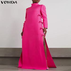 플러스 사이즈 VONDA 중국 스타일 여성 긴 맥시 가운 드레스 2024 우아한 Bownot 스탠드 칼라 파티 슬릿 Sundress 빈티지 Vestidos