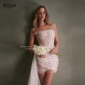 Xijun 글리터 아이보리 미니 웨딩 드레스, 레이스 민소매 플리츠 신부 가운, 스팽글 칵테일 웨딩 파티 가운, 맞춤형