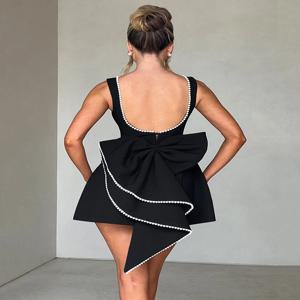 Mozision 진주 활 Backless 섹시한 미니 드레스 여성을위한 가운 패션 지퍼 민소매 높은 허리 a 라인 클럽 파티 드레스 우아한
