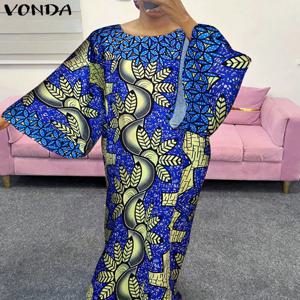 플러스 사이즈 5XL VONDA 보헤미안 맥시 드레스 2024 우아한 플레어 슬리브 프린트 베스 티드 빈티지 파티 Sundress 캐주얼 라운드 넥 가운