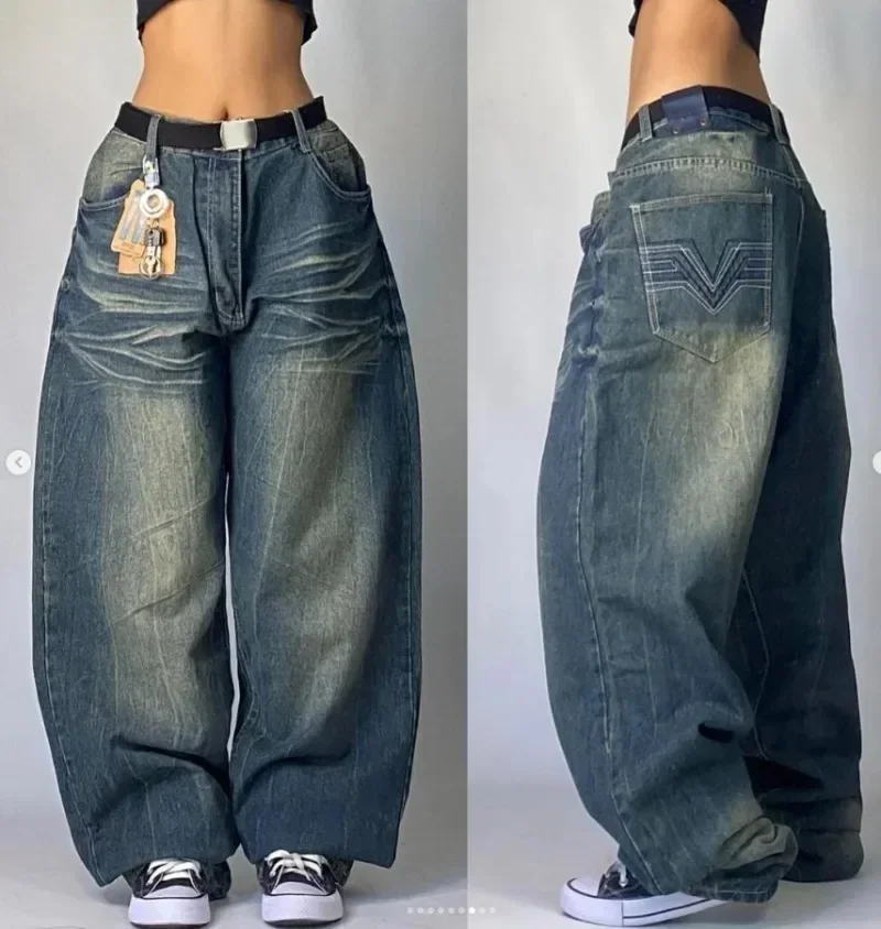 Y2K 하라주쿠 힙합 레트로 해골 그래픽 자수 헐렁한 청바지, 데님 바지, 남성 여성 고스 하이웨이스트 와이드 바지, 신제품