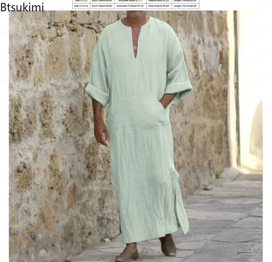 2025New 남성 긴 리넨 Jubba Thobe Kaftan 이슬람 아랍 이슬람 v 넥 긴 소매 솔리드 코튼 린넨 가운 이슬람 아라비아 남자 Abaya