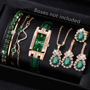 9PCS 녹색 여성 시계 세트 유행 패션 직사각형 다이얼 쿼츠 시계 팔찌 목걸이 귀걸이 세트 휴일 선물