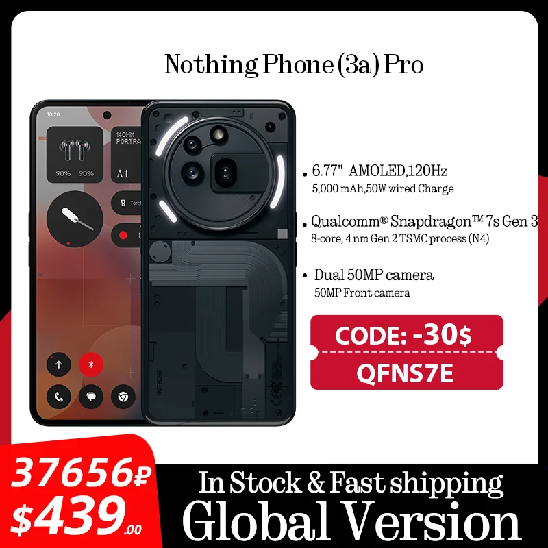 글로벌 버전 Nothing Phone (3a) Pro Qualcomm Snapdragon 7s Gen 3 5G 6.77인치 AMOLED 화면 120Hz 듀얼 50 MP 카메라