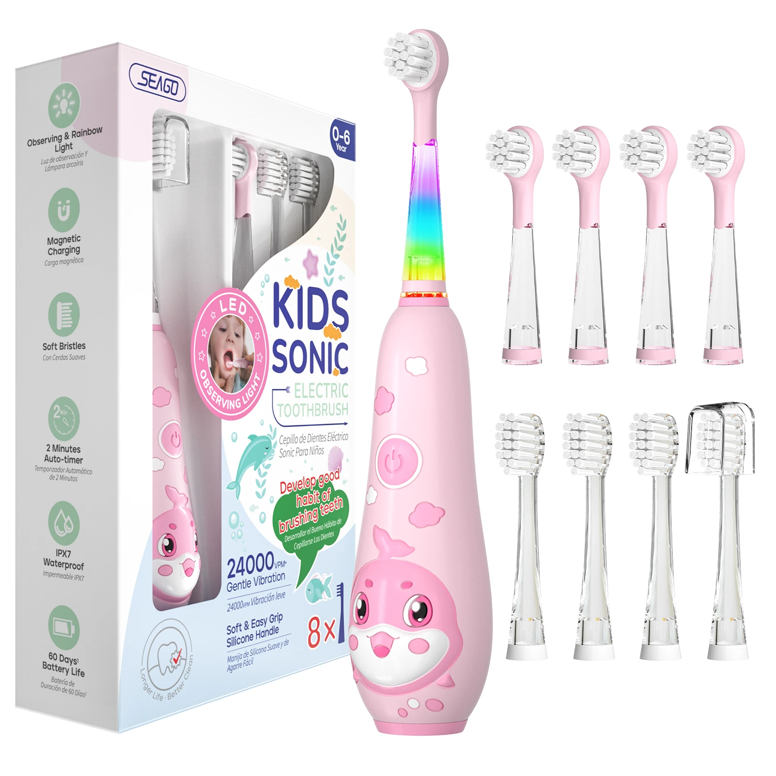 Seago 어린이 전동 칫솔 소닉 어린이 돌고래 다채로운 관찰 LED 2 분 스마트 타이머 IPX7 방수 치아 청소