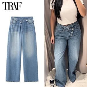 TRAF 2025 여성 청바지 여성용 파란색 헐렁한 청바지 높은 허리 엄마 청바지 여성 넓은 다리 데님 바지 여성 청바지 여름 바지