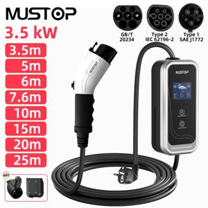 MUSTOP 16A 3.5KW 휴대용 EV 충전기 – 타입1 (J1772) / 타입2 플러그 – 월박스 충전 스테이션 25ft (7.6m) 5m 10m 20m 전기차용