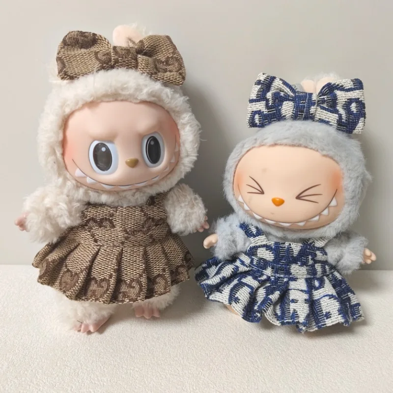17cm Labubus 미니 인형 럭셔리 의류 세트 활 머리띠 드레스 복장 Labubu II 인형 앉아 파티 게임 의류 장난감 액세서리