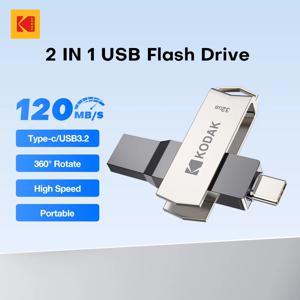 코닥 타입 C 펜드라이브 USB 3.2 메탈 USB 플래시 드라이브 128GB 64GB 32GB 256GB HDD 2 in 1 U디스크 (열쇠, 스마트폰, 노트북, 데스크탑용)