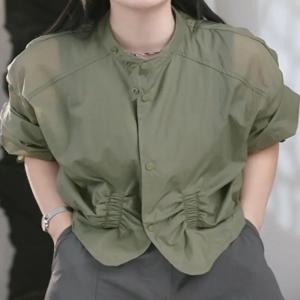 여름 얇은 여성 셔츠 태양 보호 겉옷 캐주얼 느슨한 에어컨 긴 소매 라운드 넥 싱글 버튼 클로저