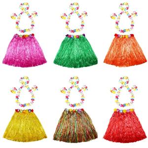 5pcs 40cm 하와이 댄스 어린이 스커트 Leis 의상 탄성 Luau 잔디 하와이 꽃 팔찌 머리띠 목걸이