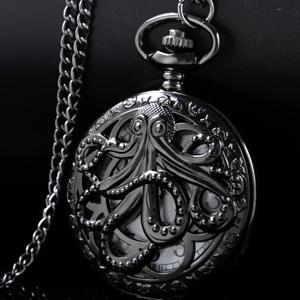 빈티지 다크 몬스터 문어 중공 석영 주머니 시계 Steampunk 블랙 FOB 체인 시계 펜던트 목걸이 남자 어린이 선물