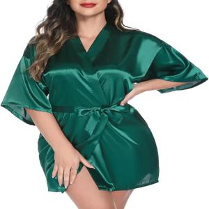 녹색 잠옷 솔리드 컬러 기모노 레이디 우아한 목욕 가운 새틴 Homewear 웨딩 신부 선물 잠옷 섹시한 친밀한 란제리
