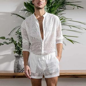 남성 의류 패션 정장 남자 2pcs 의류 세트 중공 섹시한 레이스 짧은 소매 캐주얼 T 셔츠 탑 반바지 여름 솔리드 컬러
