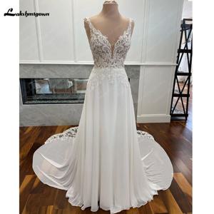 럭셔리 시민 쉬폰 웨딩 드레스 맞춤형 오픈 백 신부 Boho 긴 웨딩 드레스 레이스 아플리케 V 넥 Vestido Boda