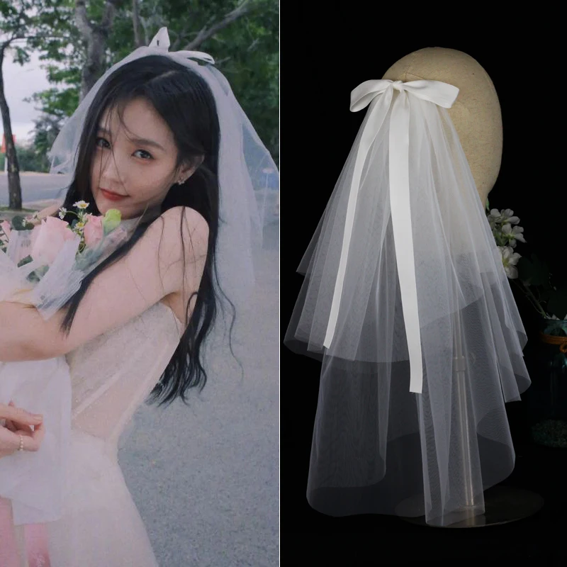 웨딩 원피스 수제 화이트 짧은 머리 장식 베일, LA003 신부 베일, 일반 얇은 명주 그물 새틴 활