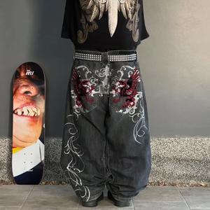 Y2K 뉴 스트리트 하라주쿠 패턴 청바지 블랙 헐렁한 청바지 힙합 레트로 스타일 데님 바지 남성과 여성의 하이 웨이스트 와이드 팬츠