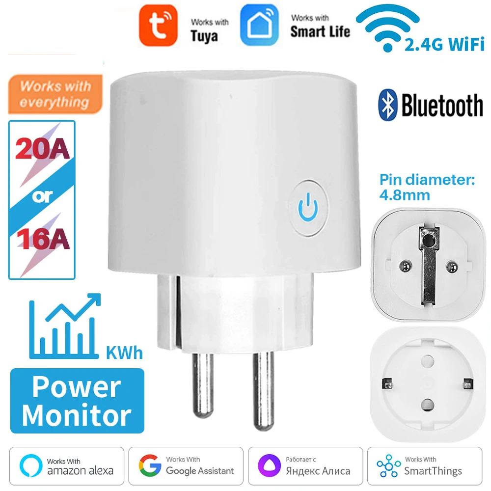TUYA 스마트 플러그 WiFi/Zigbee 소켓 EU 16A/20A 전원 모니터 타이밍 기능 음성 제어 기능 Alexa GoogleHome과 함께 작동