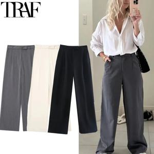 TRAF 헐렁한 넓은 바지 여성 높은 허리 여름 유체 바지 사무실 Pleated 넓은 다리 바지 여성 미니멀리스트 느슨한 여성 바지