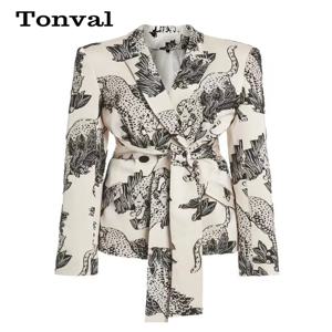 Tonval 여성용 레오파드 및 보태니컬 프린트 블레이저, 노치드 칼라, 긴팔 아우터, 빈티지 패션, 2024 가을 의류