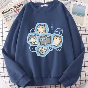 얼음 고양이 재미있는 만화 고양이 귀여운 프린트 스웨트 남성 여성 하라주쿠 Crewneck 까마귀 가을 프린트 스포츠웨어 힙합 Loose Hoody